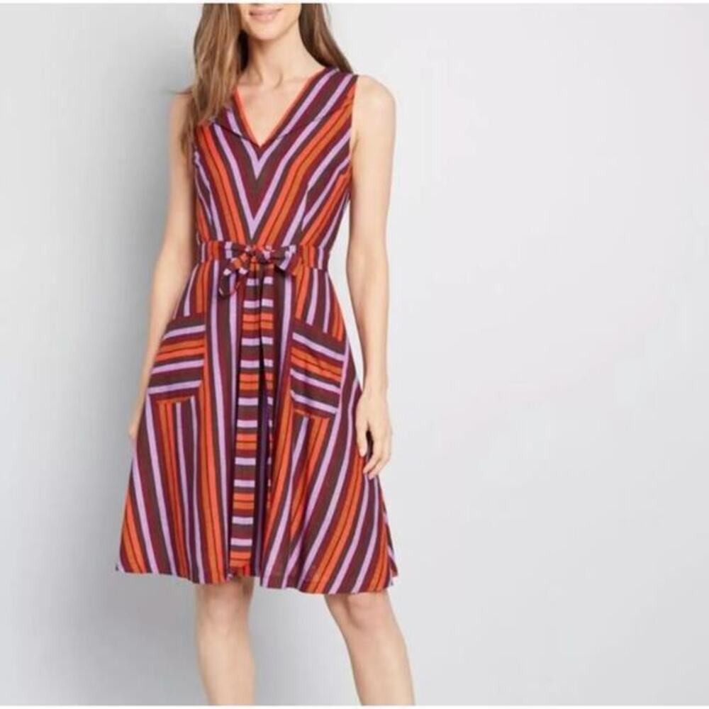 Modcloth Linen Blend Retro Striped Midi Dress Sleeveless Purple Orang, size S - Picture 15 of 15